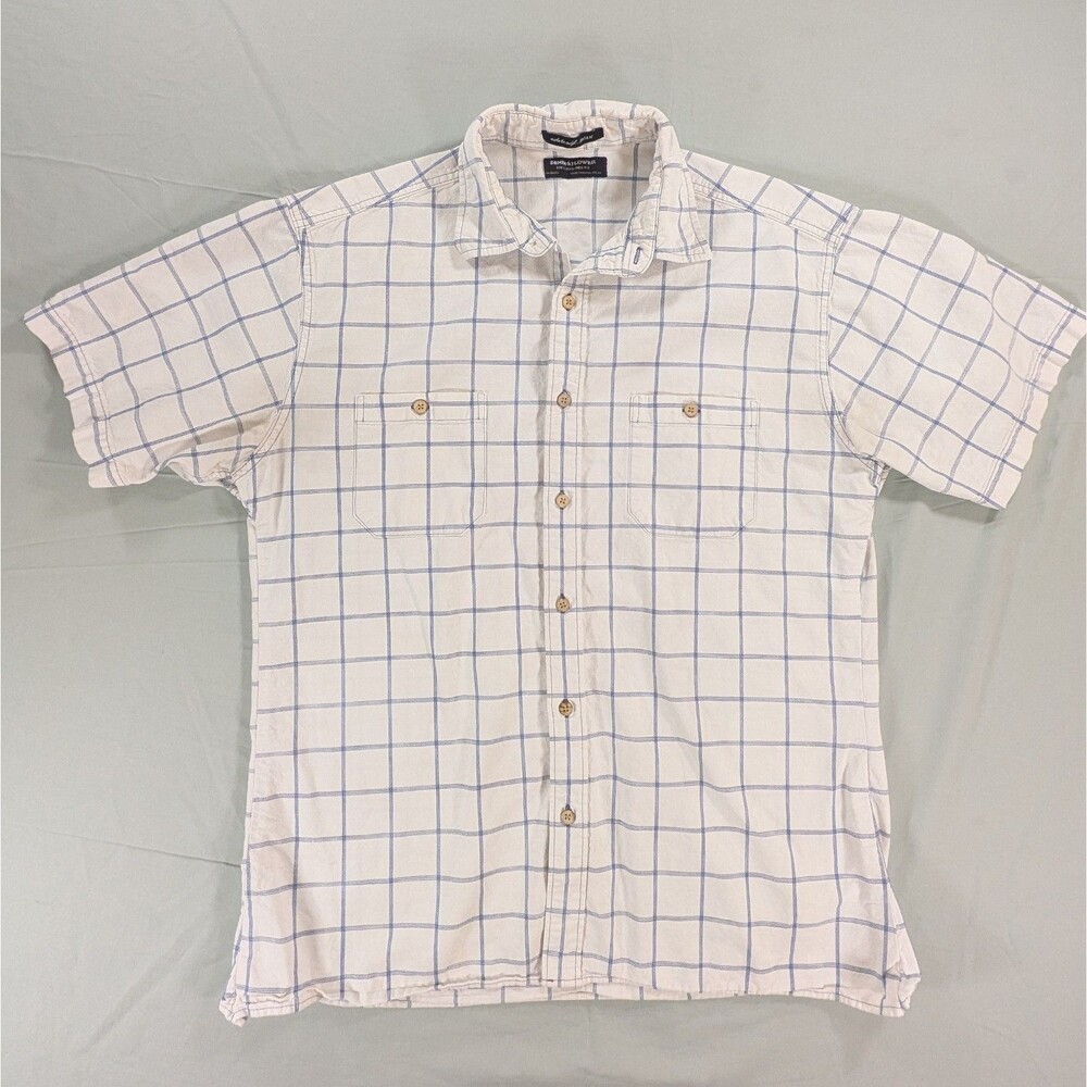Denim & Flower Short Sleeve Mens Shirt Button Up Checked White Blue Large